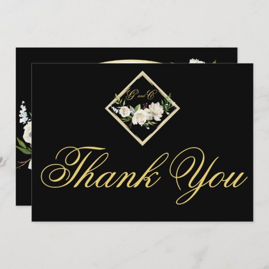 ボホエレガントブラックフローラ金ゴールド結婚ズモノグラム サンキューカード (正面/裏面)