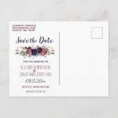 ボホエレガントブルゴーニュとネイビーブルーフローラ結婚ズ インビテーションポストカード (裏面)