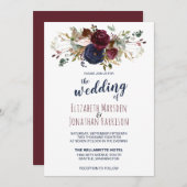 ボホエレガントブルゴーニュとネイビーブルーフローラ結婚ズ 招待状 (正面/裏面)