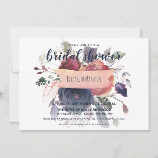 ボホエレガントブルゴーニュ海軍フローラブライダルシャワー 招待状 (正面)