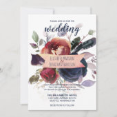 ボホエレガントブルゴーニュ海軍マウヴフローラ結婚ズ 招待状 (正面)