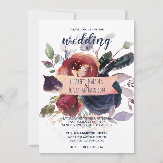 ボホエレガントブルゴーニュ海軍マウヴフローラ結婚ズ 招待状 (正面)