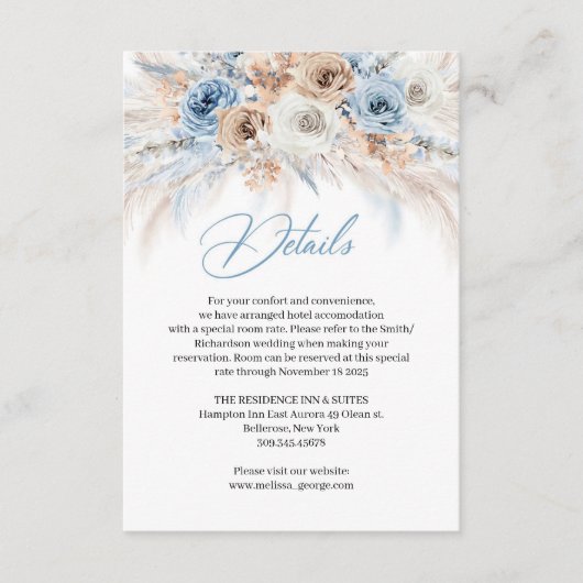 ボホエレガントブルーフローラとアイボリーバラパンパ エンクロージャーカード (正面)