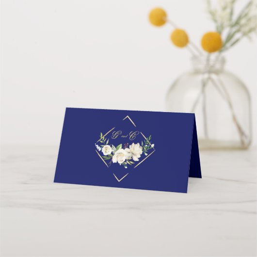 ボホエレガントブルーフローラ金ゴールド結婚ズモノグラム プレイスカード (裏面)