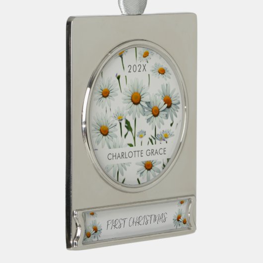 ボホエレガントホワイトデイジーフローラ初めてのクリスマス シルバープレートバナーオーナメント (右)