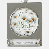 ボホエレガントホワイトデイジーフローラ初めてのクリスマス シルバープレートバナーオーナメント (正面)