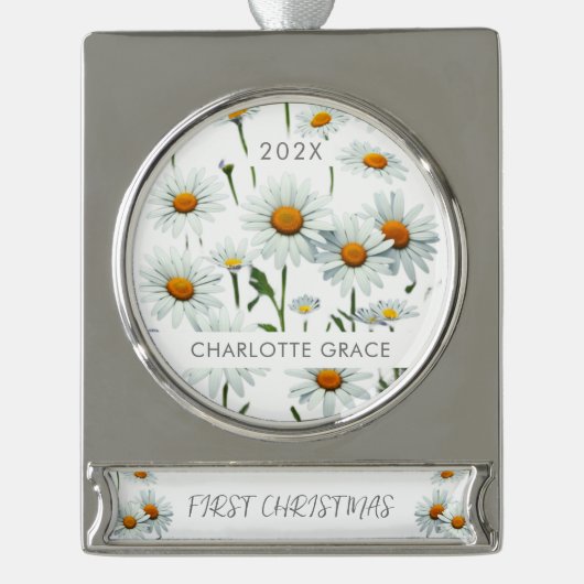 ボホエレガントホワイトデイジーフローラ初めてのクリスマス シルバープレートバナーオーナメント (正面)