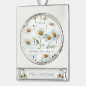 ボホエレガントホワイトデイジーフローラ初めてのクリスマス シルバープレートバナーオーナメント (左)