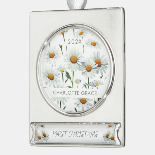 ボホエレガントホワイトデイジーフローラ初めてのクリスマス シルバープレートバナーオーナメント (左)
