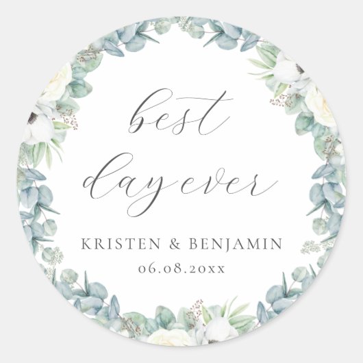 ボホエレガントホワイトフローラグリーンリー結婚式の引き出物 ラウンドシール (正面)