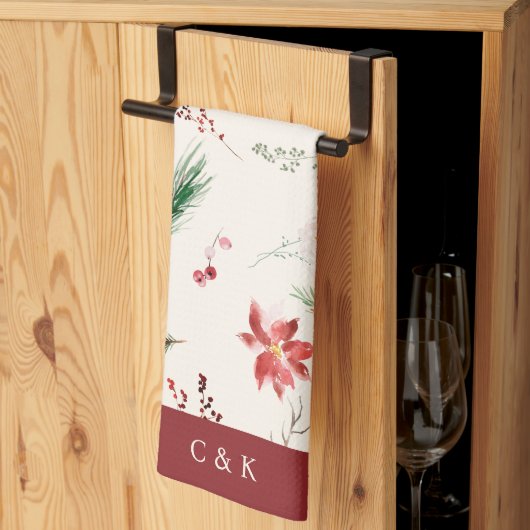 ボホエレガントポインセチア緑のクリスマス冬 キッチンタオル (三つ折り)