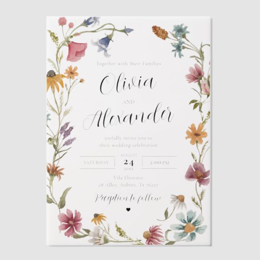 ボホエレガントモダンワイルドフラワー結婚ズ ベラム紙招待状 (正面)