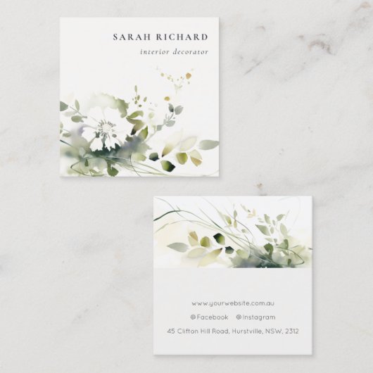 ボホエレガントモダン抽象芸術グリーンホワイトフローラ スクエア名刺 (正面/裏面)