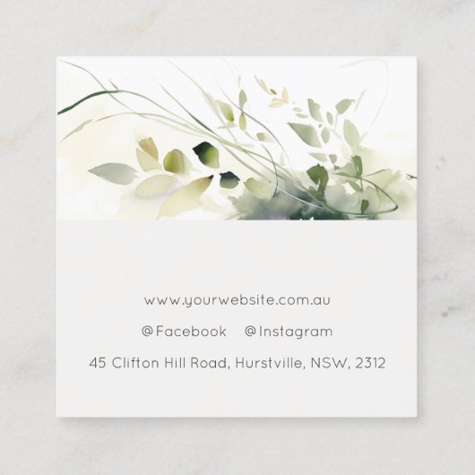 ボホエレガントモダン抽象芸術グリーンホワイトフローラ スクエア名刺 (裏面)