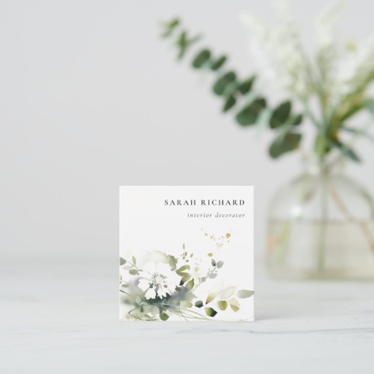 ボホエレガントモダン抽象芸術グリーンホワイトフローラ スクエア名刺 (スタンド正面)