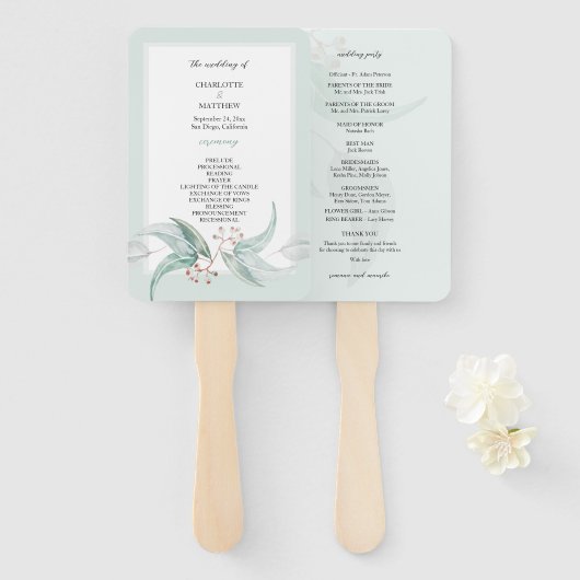 ボホエレガントユーカリ花ウォーターカラーアート ハンドファン (正面&裏面)