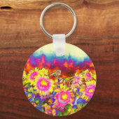 ボホエレガントレトロひまわりピンク黄色い花 キーホルダー (正面)