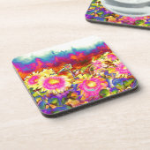 ボホエレガントレトロひまわりピンク黄色い花 コースター (左側)