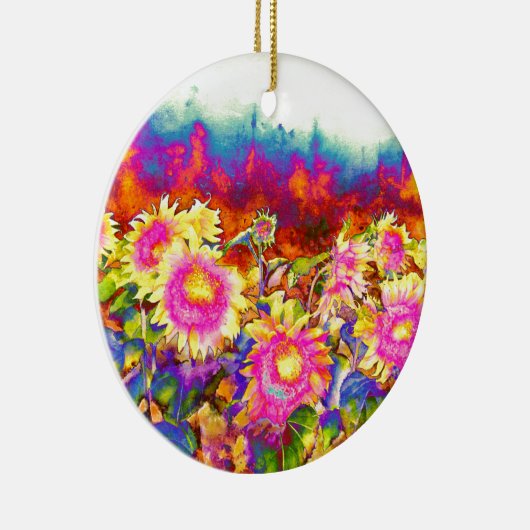 ボホエレガントレトロひまわりピンク黄色い花 セラミックオーナメント (右)
