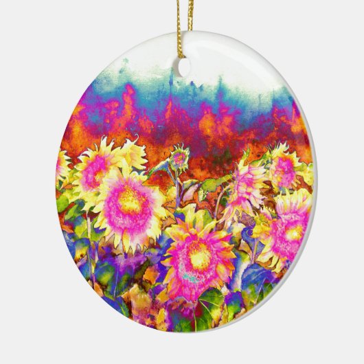 ボホエレガントレトロひまわりピンク黄色い花 セラミックオーナメント (左)