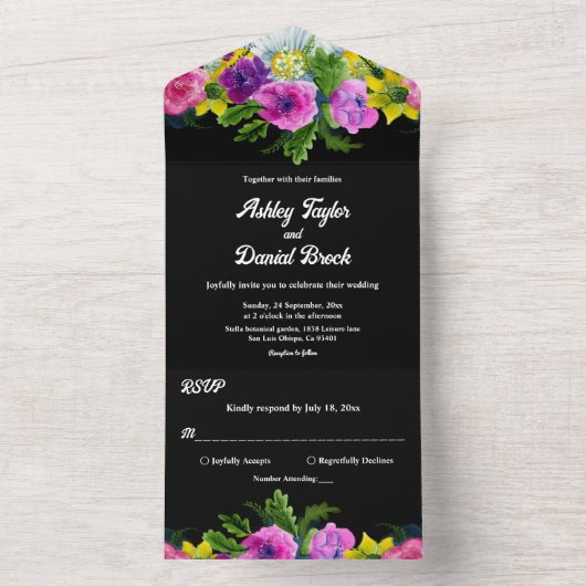 ボホエレガントロマンチックな花ブラックフローラ結婚ズ オールインワン招待状 (内側)