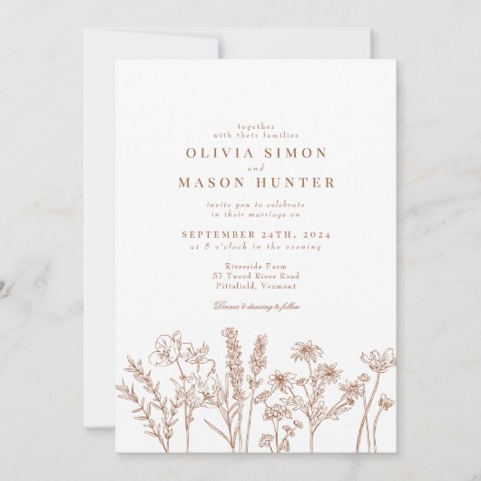 ボホエレガントワイルドフラワーがオレンジ結婚色 招待状 (正面)