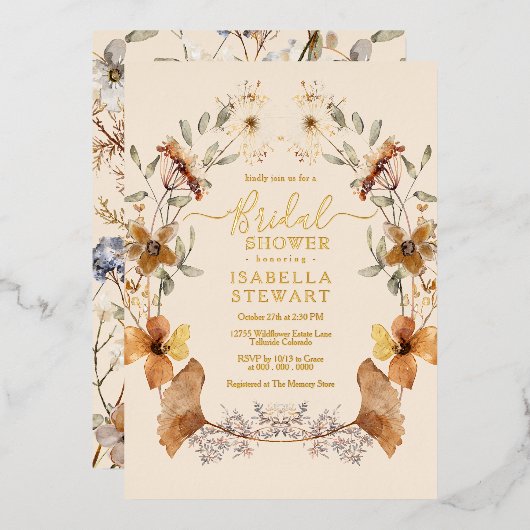 ボホエレガントワイルドフラワーエレガントブライダルシャワー 箔招待状 (正面/裏面)