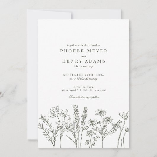 ボホエレガントワイルドフラワーオリーブグリーン結婚ズ 招待状 (正面)