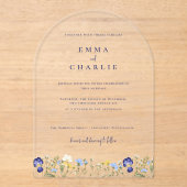 ボホエレガントワイルドフラワーズブルー結婚スクリプト アクリル招待状 (正面)