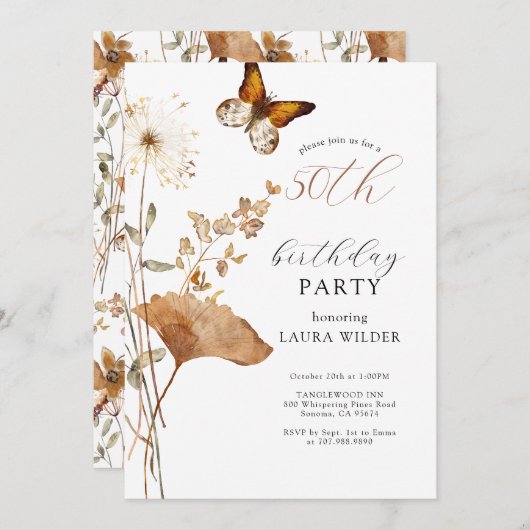 ボホエレガントワイルドフラワーズ50th誕生日パーティー 招待状 (正面/裏面)