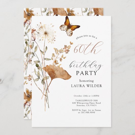 ボホエレガントワイルドフラワーズ60th誕生日パーティー 招待状 (正面/裏面)
