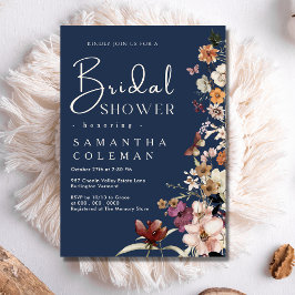 ボホエレガントワイルドフラワーネイビーブルーブライダルシャワー 招待状