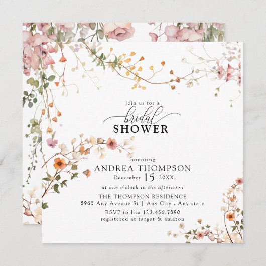 ボホエレガントワイルドフラワーフローラブライダルシャワー 招待状 (正面/裏面)