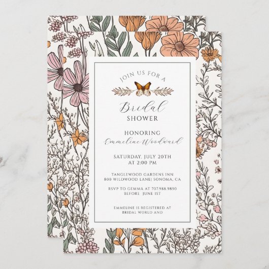 ボホエレガントワイルドフラワーフローラブライダルシャワー 招待状 (正面/裏面)