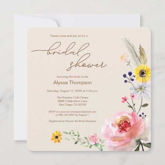 ボホエレガントワイルドフラワーフローラブライダルシャワー 招待状 (正面)