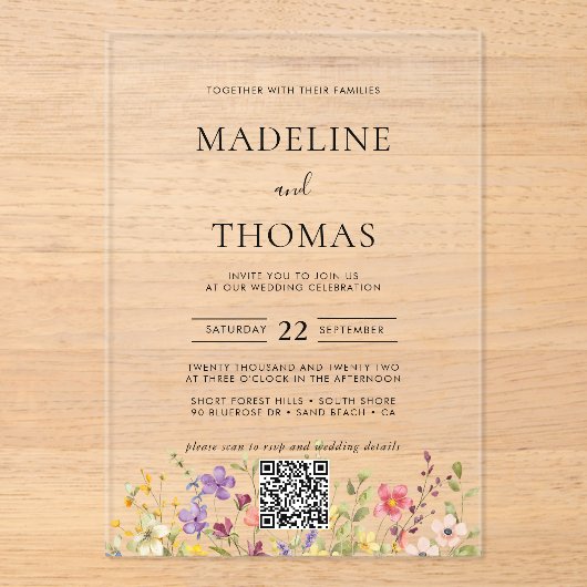 ボホエレガントワイルドフラワー写真QRコード結婚ズ アクリル招待状 (正面)