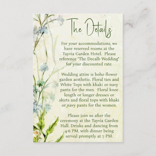 ボホエレガントワイルドフラワー庭園の結婚式詳細 エンクロージャーカード (正面)