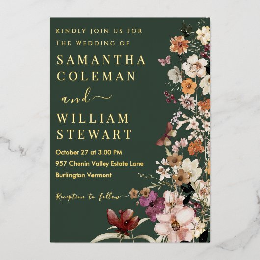 ボホエレガントワイルドフラワー濃素朴緑結婚の 箔招待状 (正面)