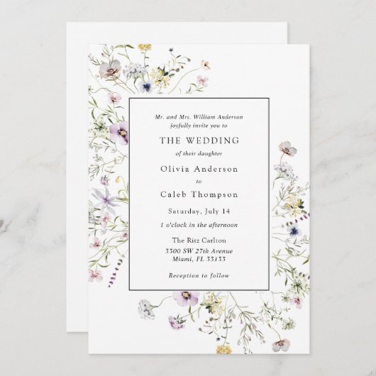 ボホエレガントワイルドフラワー緑のフレーム結婚のInv 招待状 (正面/裏面)