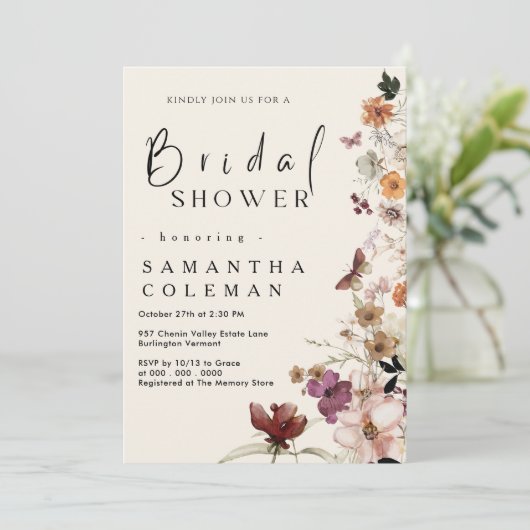 ボホエレガントワイルドフラワー赤面パステルブライダルシャワー 招待状 (スタンド正面)