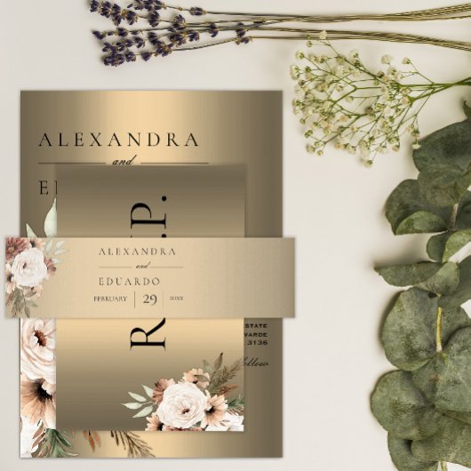 ボホエレガントワイルドフラワー金ゴールド結婚ズ 招待状ベリーバンド