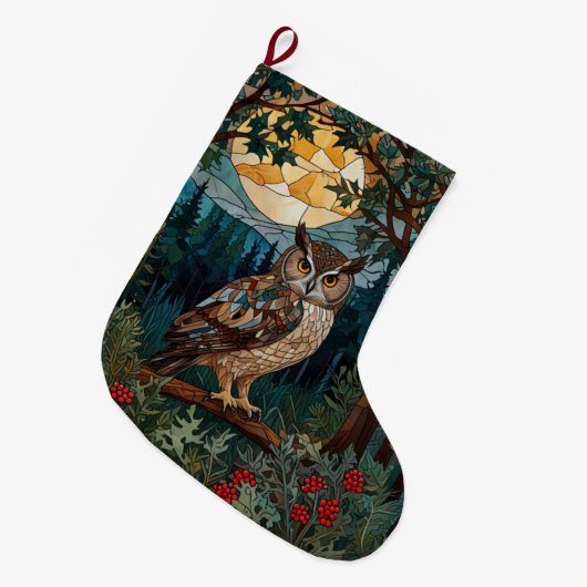 ボホエレガントー染めガラスフクロウ樹林林 ラージクリスマスストッキング (正面 (吊り時))