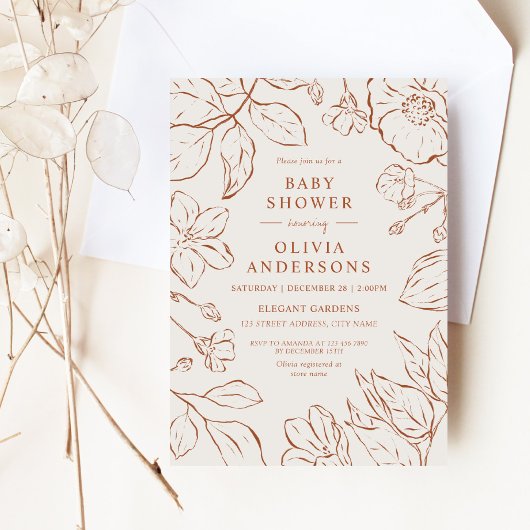 ボホエレガントー燃えオレンジの植物性の赤ちゃんシャワー 招待状