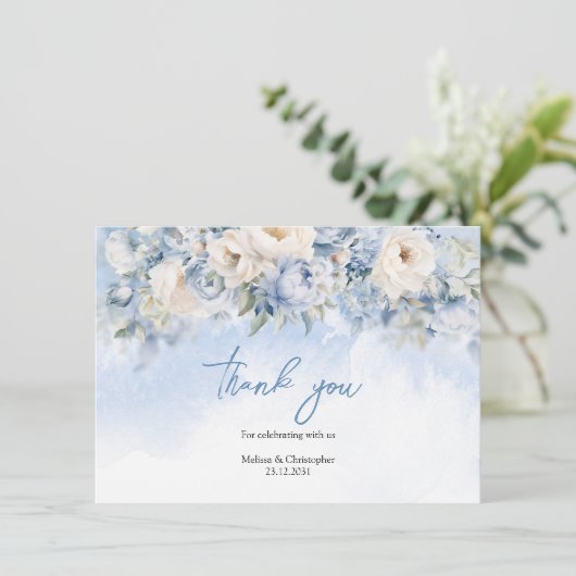 ボホエレガント冬ほこりっぽい青とアイボリーの花 サンキューカード (スタンド正面)