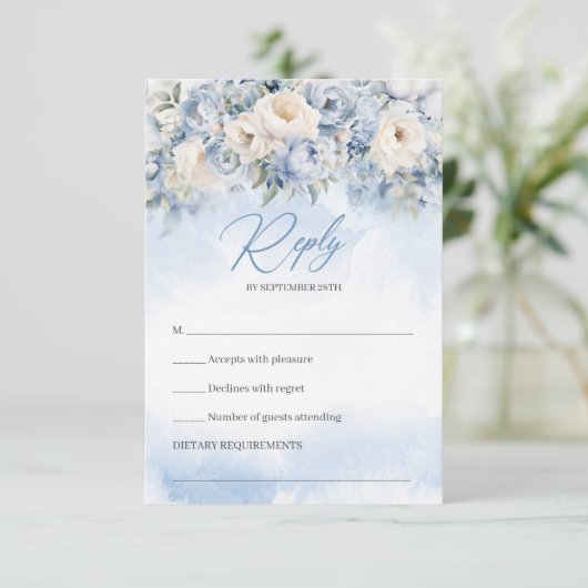 ボホエレガント冬ほこりっぽい青とアイボリーの花 出欠カード (スタンド正面)