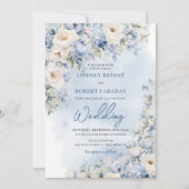 ボホエレガント冬ほこりっぽい青とアイボリーの花 招待状 (正面)