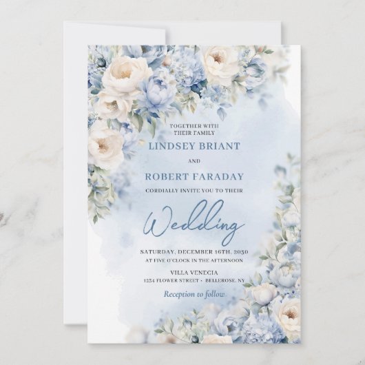 ボホエレガント冬ほこりっぽい青とアイボリーの花 招待状 (正面)