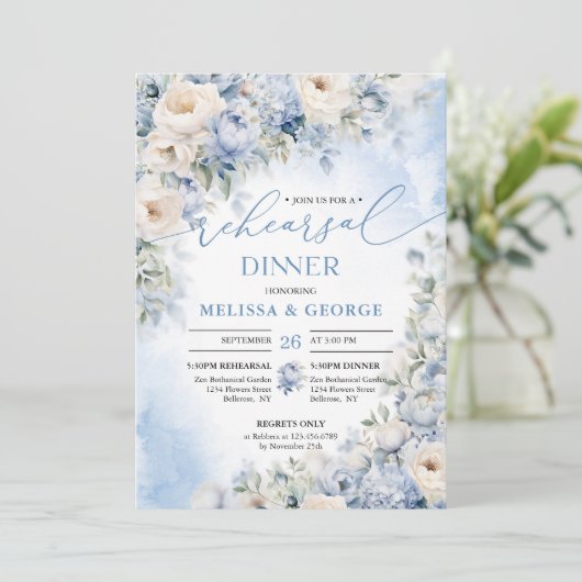 ボホエレガント冬ほこりっぽい青とアイボリーの花 招待状 (スタンド正面)