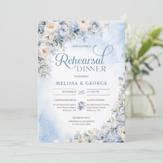 ボホエレガント冬ほこりっぽい青とアイボリーの花 招待状 (スタンド正面)