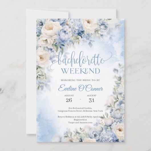 ボホエレガント冬ほこりっぽい青とアイボリーの花 招待状 (正面)